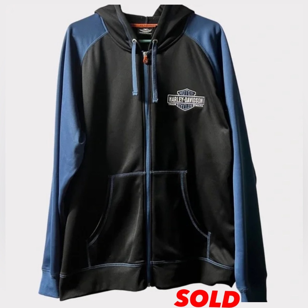 Harley Davidson Full Zip Black/Blue Long Sleeve Hoodie Size L - Picture 1 of 5